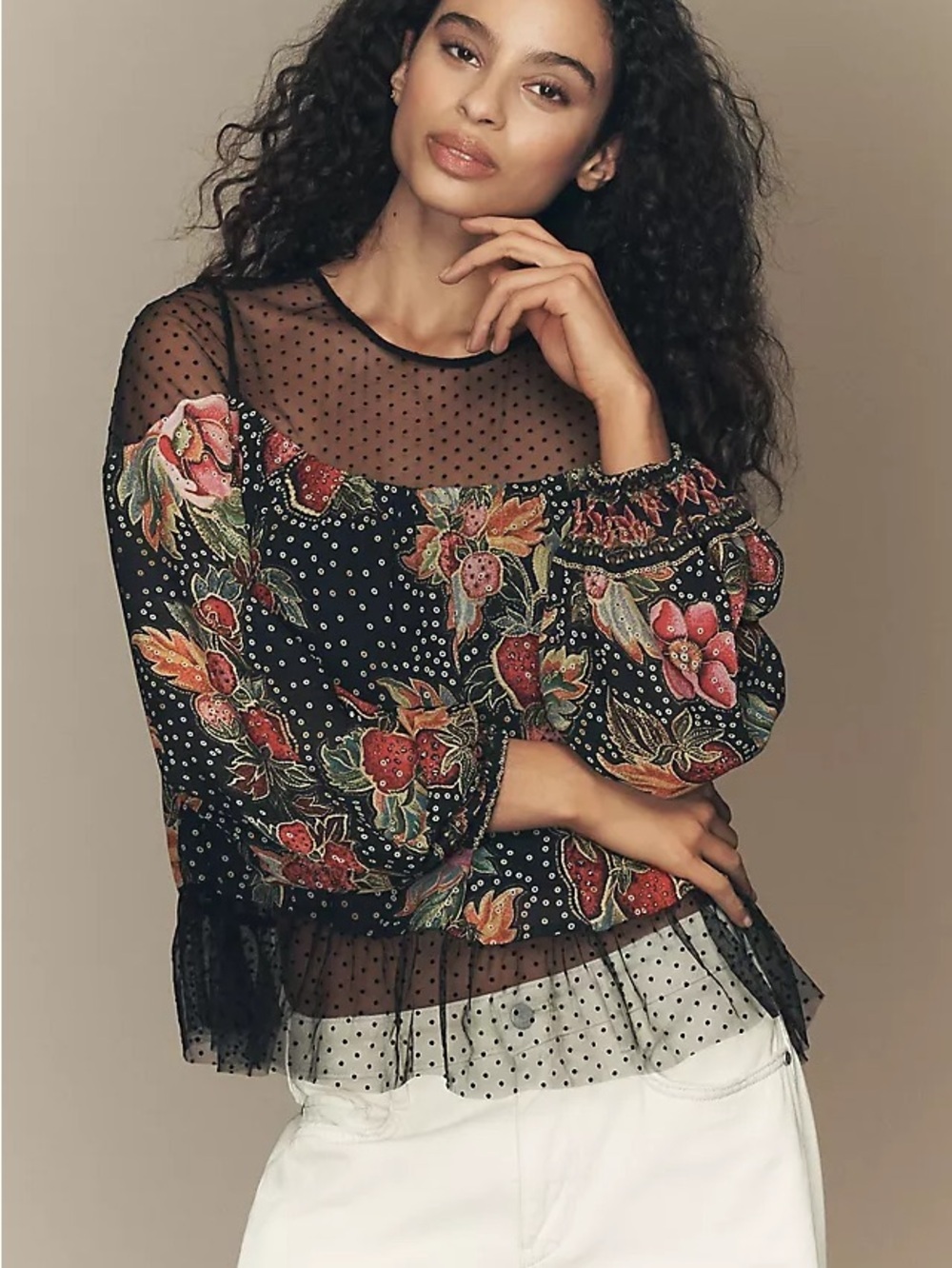 FARM Rio Black Sheer Polka-Dot Floral Embroidered Blouse